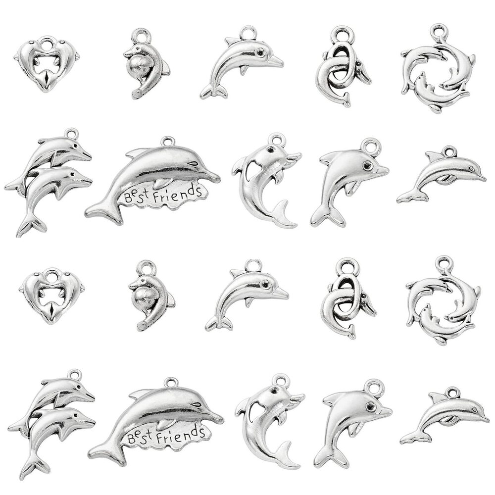 5121 100Pcs 10 Styles Antique Silver Plated Dolphins Marine Animal Sea Fish